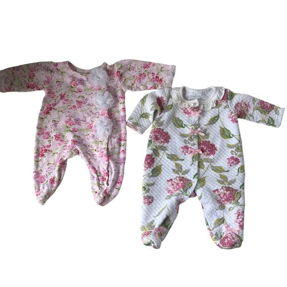 Laura Ashley Baby 3 Mth Floral Foot Sleepers Set 2 Ruffle Collar Bow Cottagecore - Picture 1 of 13